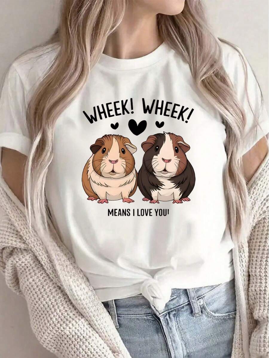 Women's White T-Shirt With A Cute Guinea Pig Print, Soft Round Neck Design, Casual Style, Printed With The Phrase 'Wheek Wheek Means I Love You' (Which Means 'goo-Goo-Goo' And Represents I Love You), Suitable For Home, Cafes Or Daily Wear, Lightweight And Comfortable. - 白色 - 查看 1