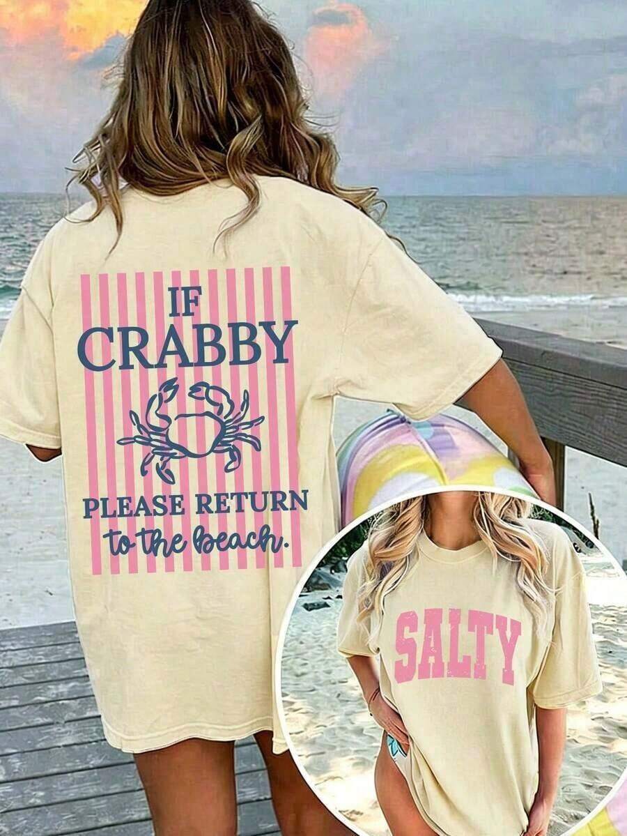 Women's 100% Cotton Graphic Graphic T-Shirt With Double Print "If I'm In A Bad Mood, Please Go Back To The Beach" And "Salty", Casual And Oversized Summer Style | Summer Clothes | Holiday Outfits Pure Cotton T-Shirt 100% Cotton 100% Cotton - 杏子 6 - 查看 1