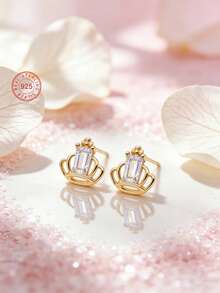 1 Pair 925 Sterling Silver Hypoallergenic Crown Stud Earrings, Adorable And Cute Design With Sparkling Cubic Zirconia, Gift Box Packaging, Suitable For Daily Wear Or Festivals, Gift For Girls, Friends, Back To School, Holiday - one-size - View 1
