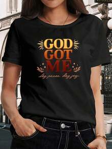 Women's "GOD GOT ME My Peace My Joy" T-Shirt - -Based Scripture Top With Lettering, Breathable Opaque Fabric, Crew Neck Short Sleeve Casual Wear, Spring Summer Outfits Suitable For Spring Summer Autumn Blusas Para Mujer Casual - 黑色 - 查看 7