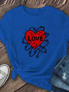 Camiseta de manga corta para mujer con estampado "Chain Heart LOVE", hecha de fibra de poliéster suave y transpirable, elasticidad media, lavable a máquina, camiseta casual de manga corta con cuello redondo y estampado, una prenda imprescindible para primavera y verano, top de manga corta, ropa de mujer. - Azul - Ver 2
