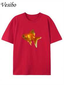 Creative And Fun T-Shirt With Round Neck And Graphic Design, Made Of Pure Fabric, Modern And Stylish For Summer, Perfect For Casual Everyday Wear - [紅色的] - 查看 1