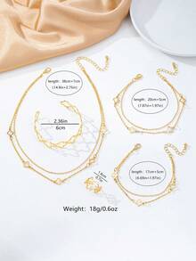 Bộ 5 món trang sức hình cỏ ba lá thanh lịch: Dây chuyền mặt dây hình cỏ ba lá rỗng, vòng tay mặt dây hình cỏ ba lá nhiều lớp, vòng đeo tay hình cỏ ba lá hở, nhẫn hình cỏ ba lá hở, lắc chân hình cỏ ba lá nhiều lớp, phù hợp với trang phục thường ngày và ngày lễ của phụ nữ. - Vàng - Xem 4