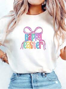 Women's White Easter T-Shirt With Happy Slogan Print - Short Sleeve, Round Neck, Casual Style, Machine Washable, Suitable For Spring And Summer, For Easter Outfits, Can Be Worn All Year Round And On Comfortable Everyday Occasions - Unisex Loose Cotton T-Shirt With Short Sleeves And Round Neck Urban Vintage Style. - 白色 - 查看 7