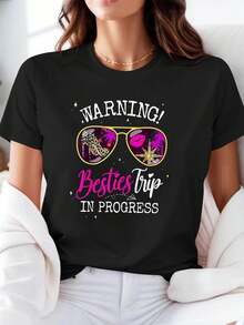 WARNING! Best Friends Trip IN PROGRESS Friends Travel T-Shirt, Women's Casual Style, Crew Neck, Girls Out Scene, Season - Vintage Urban Style, Unisex Loose Cotton Short Sleeve Crew Neck T-Shirt - 黑色 - 查看 7