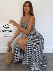 Vestido a media pantorrilla con tirantes a cuadros para mujeres, de moda y apropiado para el verano - Blanco y Negro - Ver 2