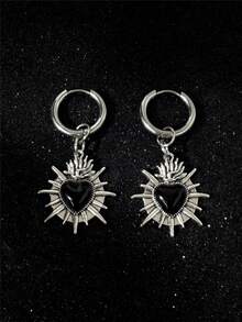 1 Pair Gothic Punk Style Vintage Black Heart-Shaped Earrings, Thorn Heart Design, Suitable For Women, Valentine's Day, Mother's Day, Halloween Gift, Unisex - Black - View 5