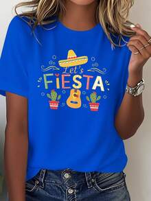 Women's Mexican Festival T-Shirt - Solid Color Short Sleeves With Wide Brim Hat, Maracas, And Cactus Prints - Let's Celebrate With Spanish-Themed Party Outfits, Mariachi Dance Costumes, And Accessories (Machine Washable) Blouses For Women - 藍色 - 查看 6