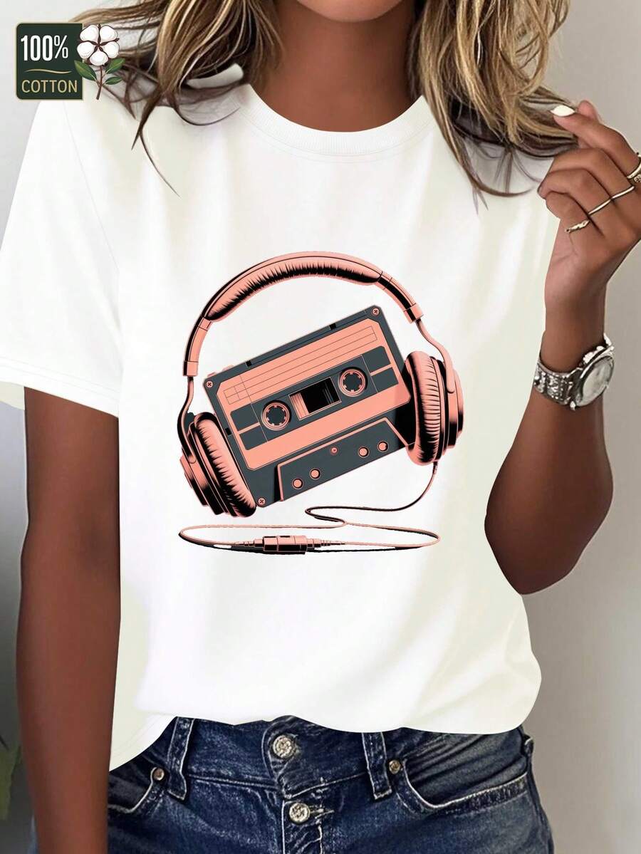 Women's Retro Vintage 80s And 90s T-Shirt - Soft Crew Neck, Relaxed Fit With Pink Print And Cassette Headphones & Tape, Mixtape Design In Pink Tone Ideal For Everyday Wear And Rock Lovers - 白色 - 查看 1
