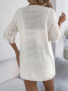 New Summer Lace Knit Cardigan Women's Short Sleeve Solid Lightweight Open Front Casual Beach Vacation Cover Up - Màu be - Xem 2