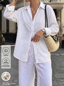 Look Polly 女士夏季白色亚麻质感长袖衬衫，翻领单排扣宽松休闲通勤上衣，简约休闲风格 - 白色 - 查看 3