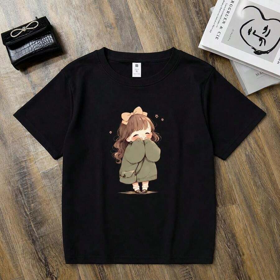 Women's Anime Print T-Shirt - Korean Style, Cute Short Sleeve Anime T-Shirt With Round Neck, Casual Summer Top For Outfits (Machine Washable) Soft - 黑色 - 查看 1