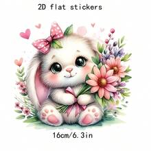 Pegatina de vinilo con un lindo conejo sosteniendo una flor - Pegatina brillante autoadhesiva, adecuada para motocicletas, ventanas, paredes - Forma asimétrica, adecuada para Pascua, diseño divertido, adecuada para compradores de regalos, organizadores de fiestas - 1 unidad - Ver 2