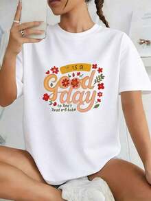 PremiumFashion "The Weather Is Nice" Print T-Shirt | Floral And Text Designs In Vibrant Colors, White Crew Neck T-Shirt With The Small "Relax, Read" Print, Perfect For Casual Wear - A Summer Tee. New Women's Summer T-Shirt, Casual And Comfortable With Crew Neck. Gift Idea. - 白色 - 查看 7