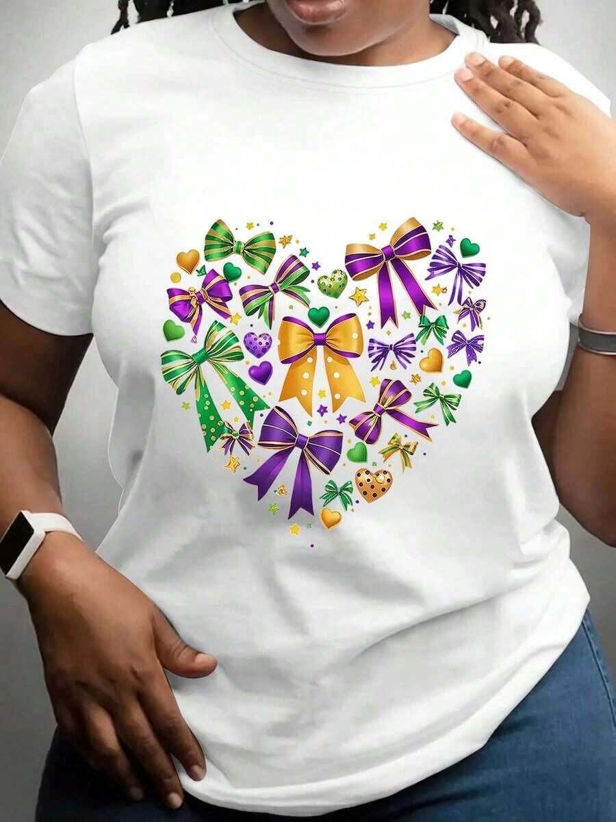 Women's T-Shirt With Heart And Bow Pattern, Gras Festival Outfit, New Arrivals, Women's Clothing, Gifts For Women - 白色 - 查看 1
