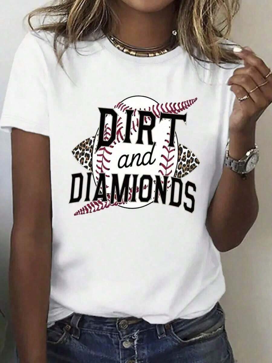 100% Cotton Women's T-Shirt - Dirty And Diamonds Baseball Print, Casual Crew Neck, Short Sleeve, Lightweight And Breathable, For Easter Or Mother's Day Gift. Women's Simple Solid Color T-Shirt, Loose And Slim Fit Casual Short Sleeve - 白色的 - 查看 1