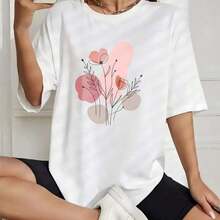 Women's Korean-Style Summer Cotton T-Shirt With Floral, Heart, And Abstract Prints. This Short-Sleeved, Crew-Neck T-Shirt Features A Letter Print, A Relaxed Fit, And Is Casual And Versatile, Perfect For Everyday Wear, The Beach, Parties, And Vacations. - 白色 - 查看 1