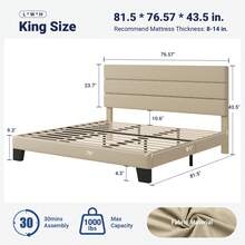 Allewie Twin/Full/Queen/King Size Platform Bed Frame With Fabric Upholstered Headboard And Wooden Slats Support, Fully Upholstered Mattress Foundation, No Box Spring Needed, Easy Assembly, Beige - 米色 - 查看 10