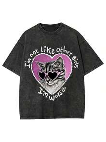 Women's & Men's Printed Short Sleeve T-Shirt For Women And Men, New Style, Washed, Distressed, Retro, Fashionable, Versatile, Loose Fit, Round Neck, Black Design. - Black - View 7