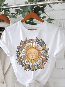 1 Piece 'Spiritual Sun' Print T-Shirt, Casual Short Sleeve Round Neck T-Shirt For Summer And Spring, Women's T-Shirt, 180g 100% Cotton - 白色 - 查看 2