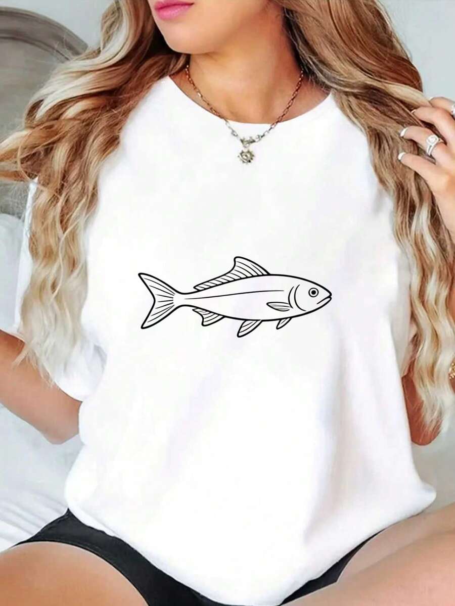 Summer Short-Sleeved T-Shirt With Fish Print