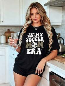 Women's T-Shirt 100% Cotton T-Shirt For Soccer Mom With Leopard Print, 'In My Soccer Mom Era' T-Shirt - 黑色 - 查看 2