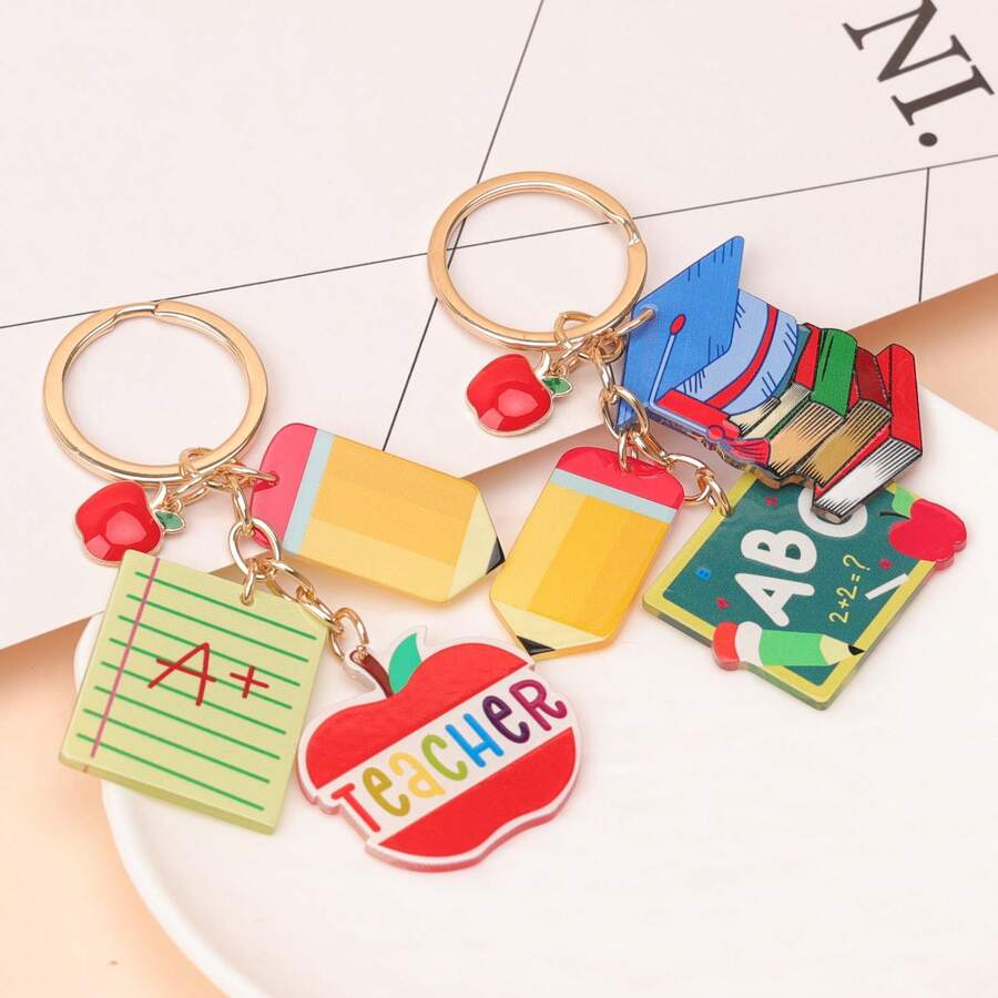 1pc Unisex Campus Element Graduation/Back To School Acrylic Double-Sided Print Pencil, Apple, Book Pendant Charm, Alloy Dangle Accessory For Backpack - Multicolor - View 1