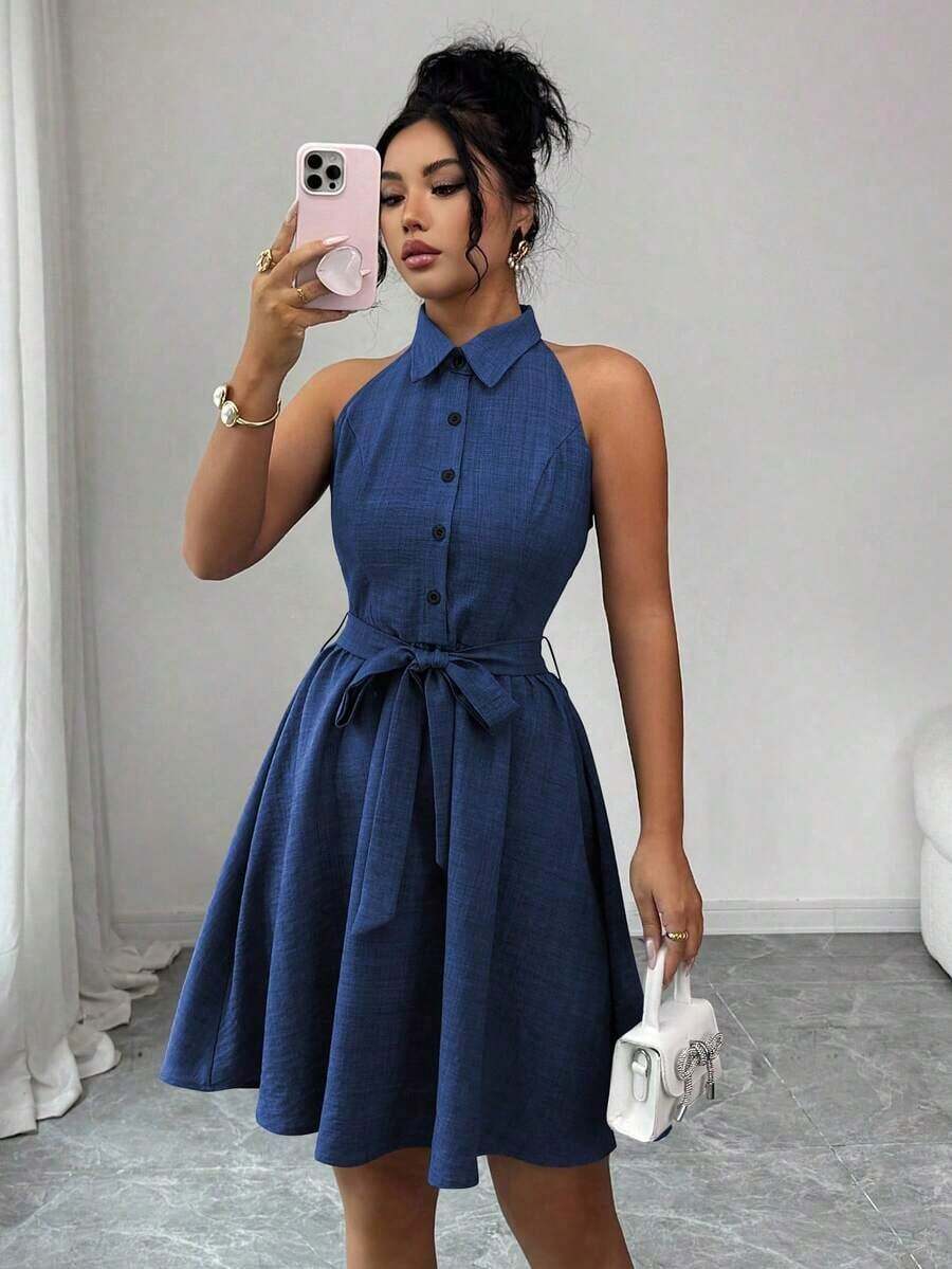 Vestido de cuello de camisa sin mangas con efecto de lino de dos tonos y efecto de mezclilla, silueta en línea A, diseño elegante y romántico, adecuado para uso al aire libre - Azul lavado oscuro - Ver 1