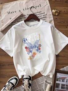 Blue Butterfly T-Shirt With "Positive World" Text, Fashionable Short-Sleeve T-Shirt For Spring/Summer 2026, Made In Mexico, 180 Grams. Cartoon Print, Couple Design, Suitable For Indoor Or Outdoor Wear. Crew Neck, Unisex, Ideal For The Office And Leisure. One-Pack. - WH-P631577SLNDXZGY627 - 查看 4