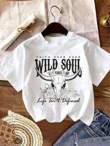 Women's Gothic Western Cowboy Style T-Shirt - Bold Bull Skull Print And Wild Soul, Combined With Cowboy Boots And Bull Head Design - Short Sleeve T-Shirt, Round Neck, Slim Fit, Machine Washable, Suitable For Daily Wear, Western Theme Parties And Gothic Style - Modern, Casual And Comfortable T-Shirt, Gothic Clothing For Women 2026 - Ideal For Daily Wear, Holidays, Parties, Breathable And Comfortable. - 白色 - 查看 1
