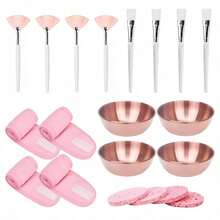 2/3/4/5/10/20 Pcs Esthetician Facial Care Tool Set, Multiple Combinations Available, Home Care, Travel Portable Face Mask Applicator Kit Includes 4 Rose Gold Face Mixing Bowls, 4 Fan-Shaped Face Mask Brushes, 4 Flat Head Brushes, 4 Compressed Sponges And 4 Headbands, Suitable As Spa Party Favors Or Face Masking Set - Multicolor - View 1