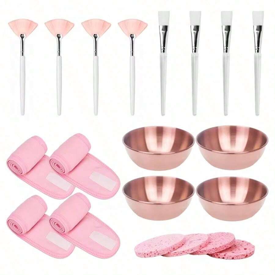 2/3/4/5/10/20 Pcs Esthetician Facial Care Tool Set, Multiple Combinations Available, Home Care, Travel Portable Face Mask Applicator Kit Includes 4 Rose Gold Face Mixing Bowls, 4 Fan-Shaped Face Mask Brushes, 4 Flat Head Brushes, 4 Compressed Sponges And 4 Headbands, Suitable As Spa Party Favors Or Face Masking Set - Multicolor - View 1