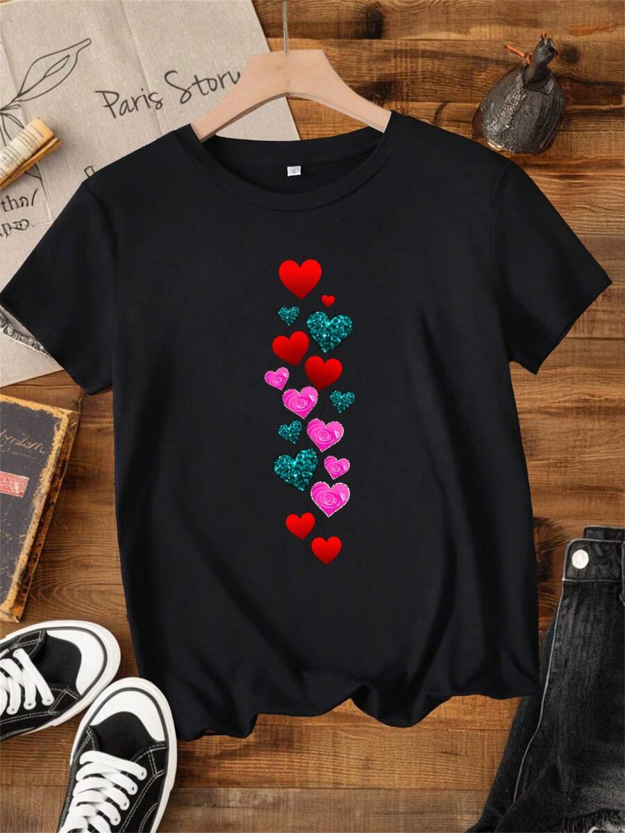 Women's T-Shirt, Fashionable Casual T-Shirt For Ladies, 180G Cotton, Plus Size Women's Short Sleeve Casual T-Shirt, Women's Tops. - 黑色 - 查看 1