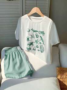 Conjunto casual de 2 piezas de mujer con camiseta de manga corta con cuello redondo y estampado de estrellas de mar, y shorts a rayas en azul marino - Verde Oscuro - Ver 4