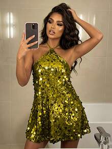 Women's Halter Mini Dress Sparkly Sequin Sleeveless Backless Dress for Party Date Night Wear - Verde Oliva - Ver 2
