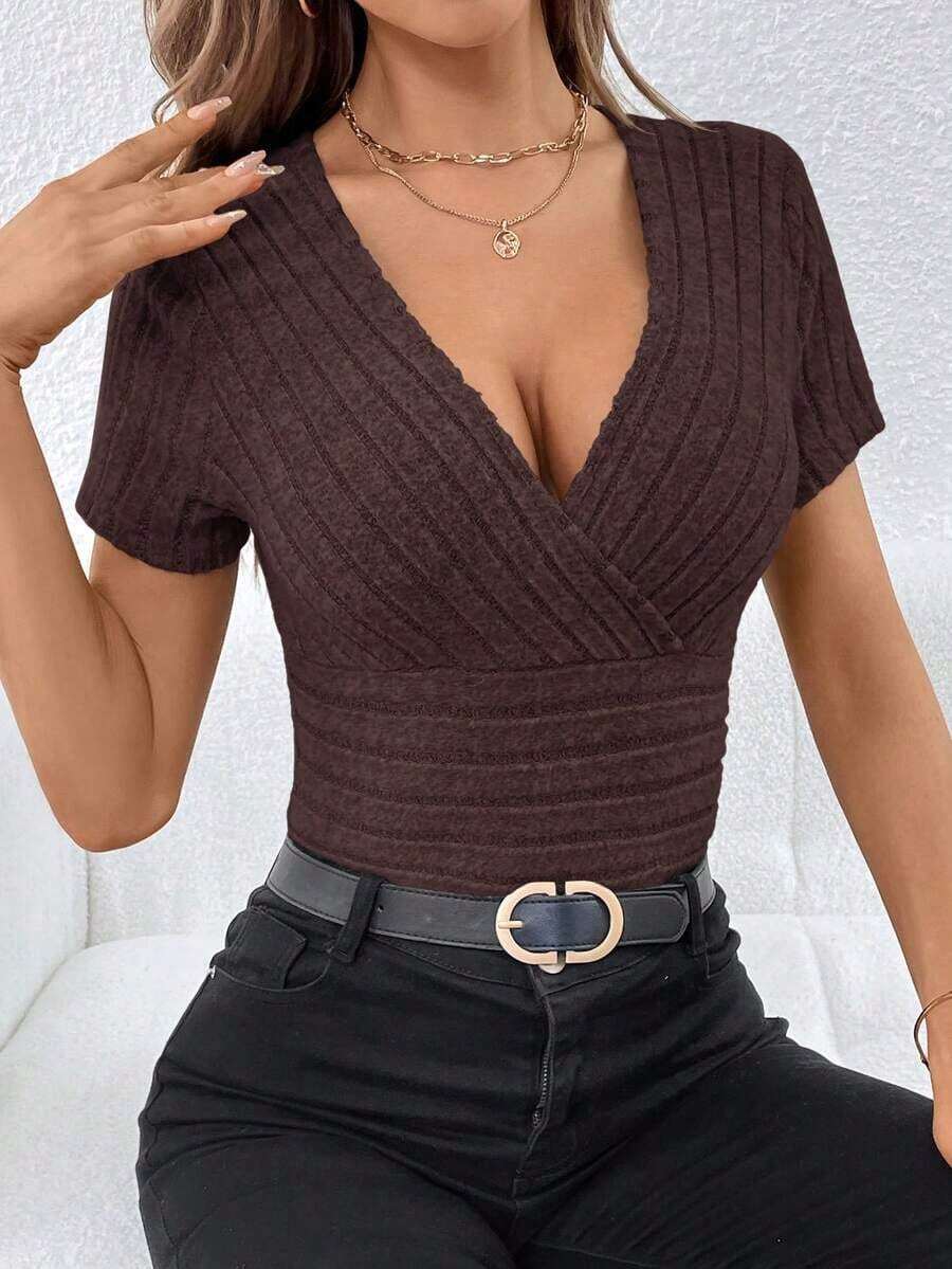 Camiseta de cuello cruzado tejido de canalé - Café integral - Ver 1