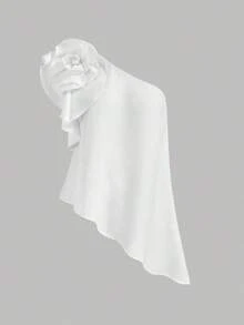 Camiseta asimétrica de verano elegante para mujer con flores 3D, sin mangas y con hombro oblicuo - Blanco - Ver 2