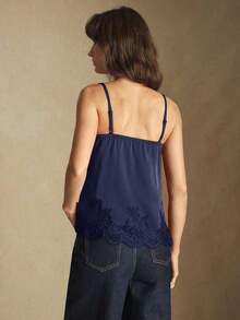 Camiseta sin mangas con ajuste de tirantes y encaje, versátil para usar en primavera/verano, adecuada para Pascua, Día de San Patricio, estilo vintage romántico de los 90, fiesta, playa, graduación, vacaciones, invitado de boda, casual, elegante - Azul marino - Ver 2
