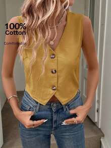 Blusa informal sin mangas de unicolor para oficina en verano, blusas sin mangas - Marrón Mocha - Ver 10