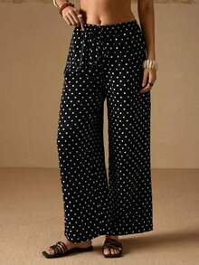 Pantalones anchos de verano para mujer con cintura anudada y unicolor - Negro - Ver 3