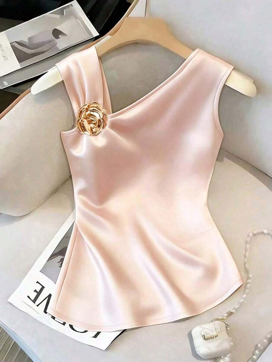 Camiseta de mujer de unicolor con decoración de metal, versátil para uso diario - Rosa - Ver 1