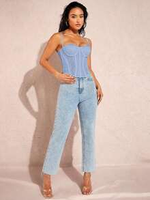 Top de tirantes bustier ribete con encaje - Celeste - Ver 3
