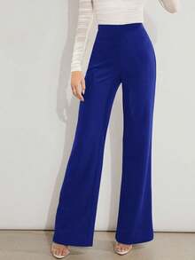 Pantalones de pierna ancha unicolor de talle alto - azul real - Ver 1