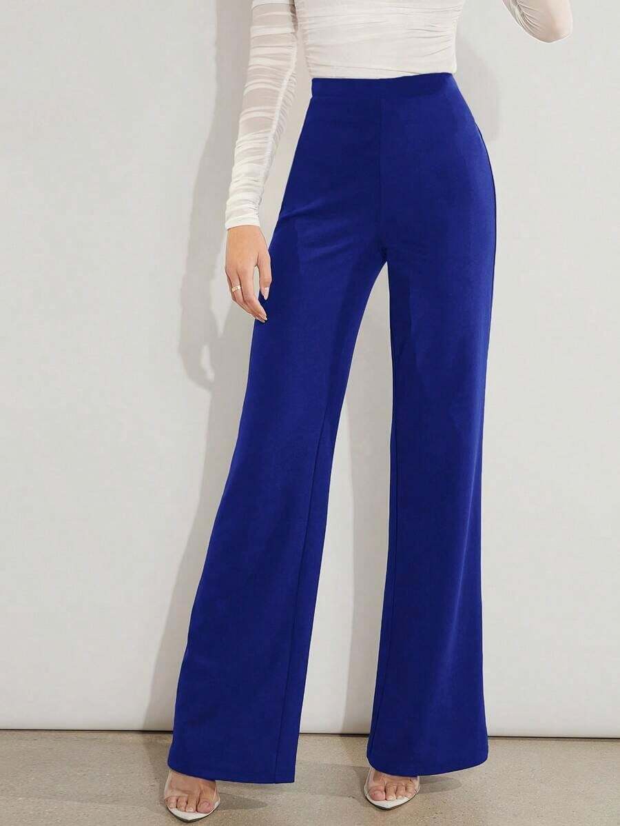 Pantalones de pierna ancha unicolor de talle alto - azul real - Ver 1