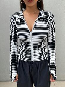 de forro polar de ajuste ceñido con cuello alto de unicolor para mujer, otoño e invierno - Blanco y Negro - Ver 5