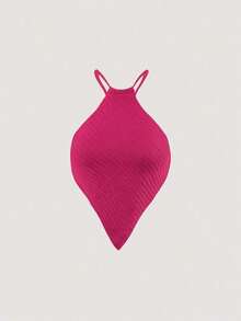 Blusa de punto de mujer de verano con cuello halter, dobladillo asimétrico y unicolor - Rosa Fucsia - Ver 5