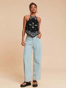 Top de tirantes tejido con estampado de vacaciones para mujer - Blanco y Negro - Ver 5