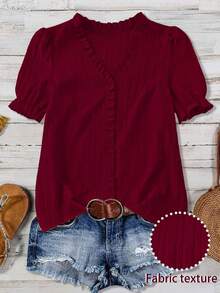 Blusa casual con cuello en V, volantes y mangas de pétalos acanalados para tallas grandes - Rojo - Ver 1