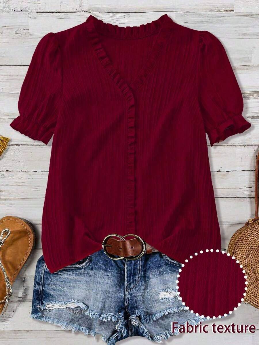Blusa casual con cuello en V, volantes y mangas de pétalos acanalados para tallas grandes - Rojo - Ver 1