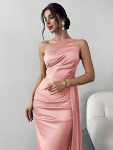 plisado con volante de un solo hombro para mujer, adecuado para fiestas, bailes, vestidos de noche, elegante, banquetes, citas, sexy, fiestas de cóctel, ceremonias de graduación - Rosa - Ver 4